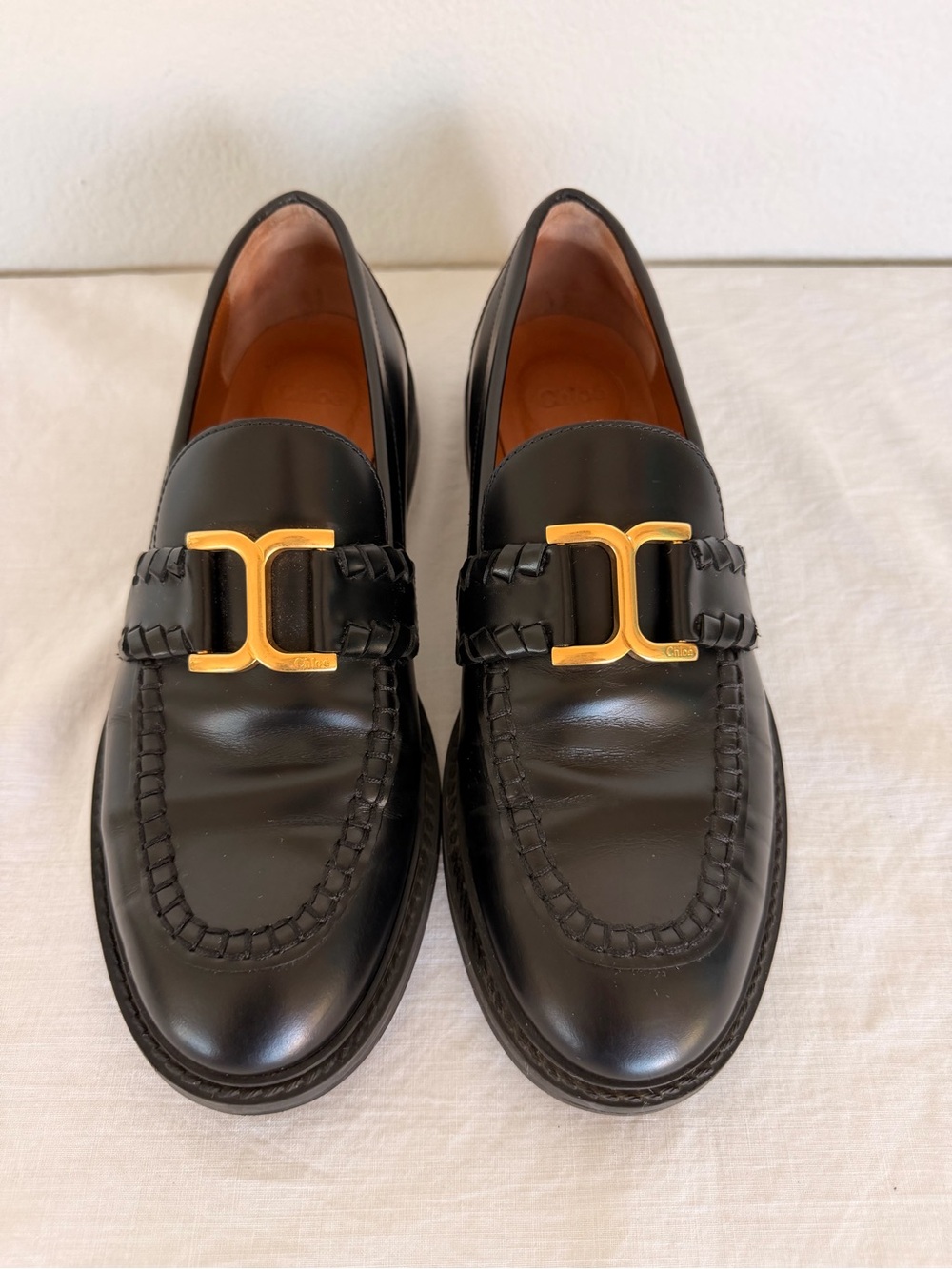 Chloe Black Leather Loafers with Gold Hardware